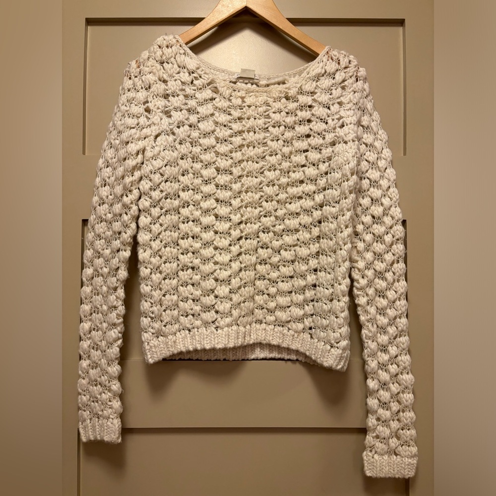 CLUB MONACO Open Knit Cloud Sweater White Acrylic Alpaca Wool Blend Stretch Boat